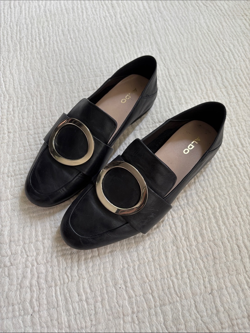 Aldo Leather Gold Buckle Black Loafers Size 6 - Picture 2 of 6